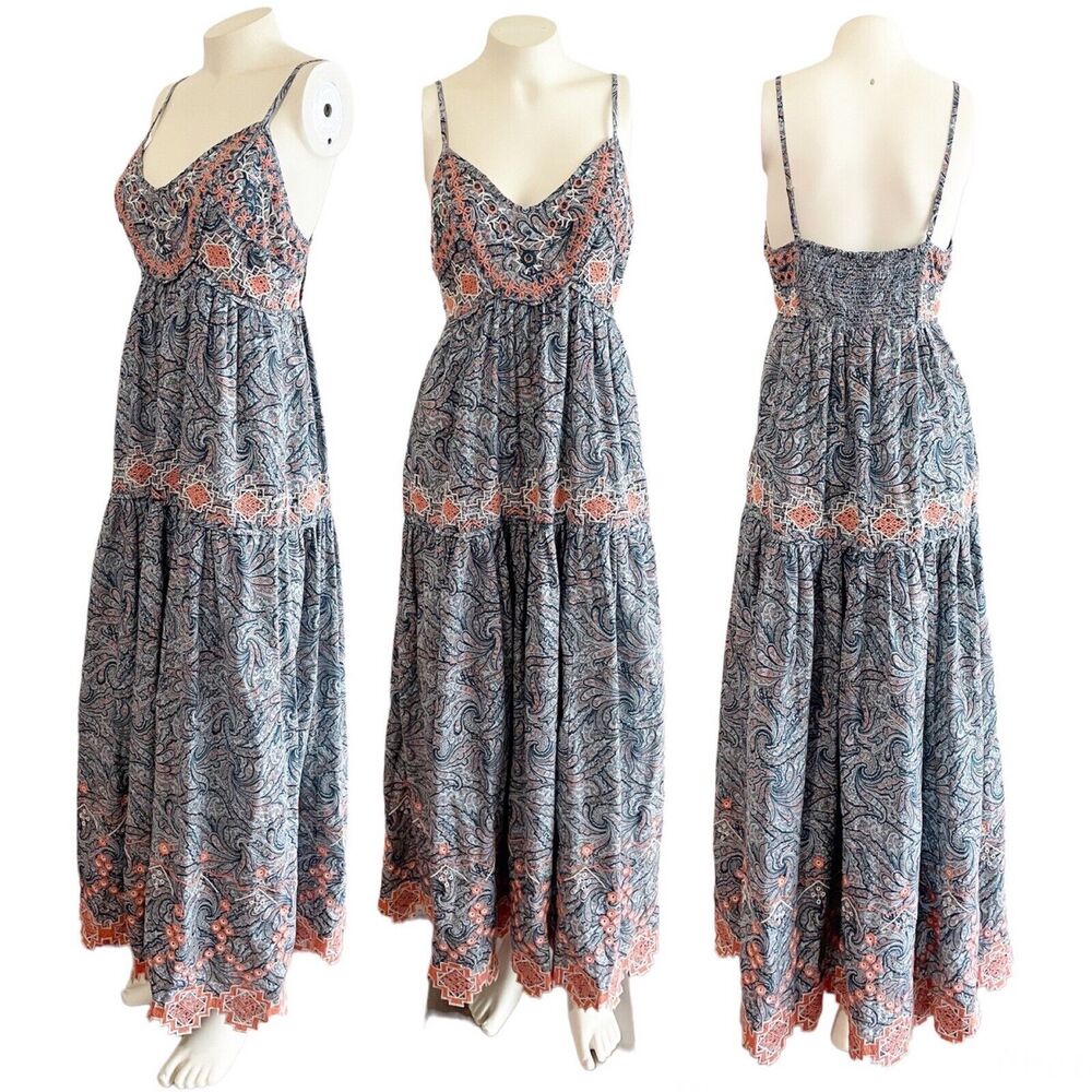 Anthropologie Jessa Embroidered Maxi Dress Blue Paisley Pink Aztec Geometric 6